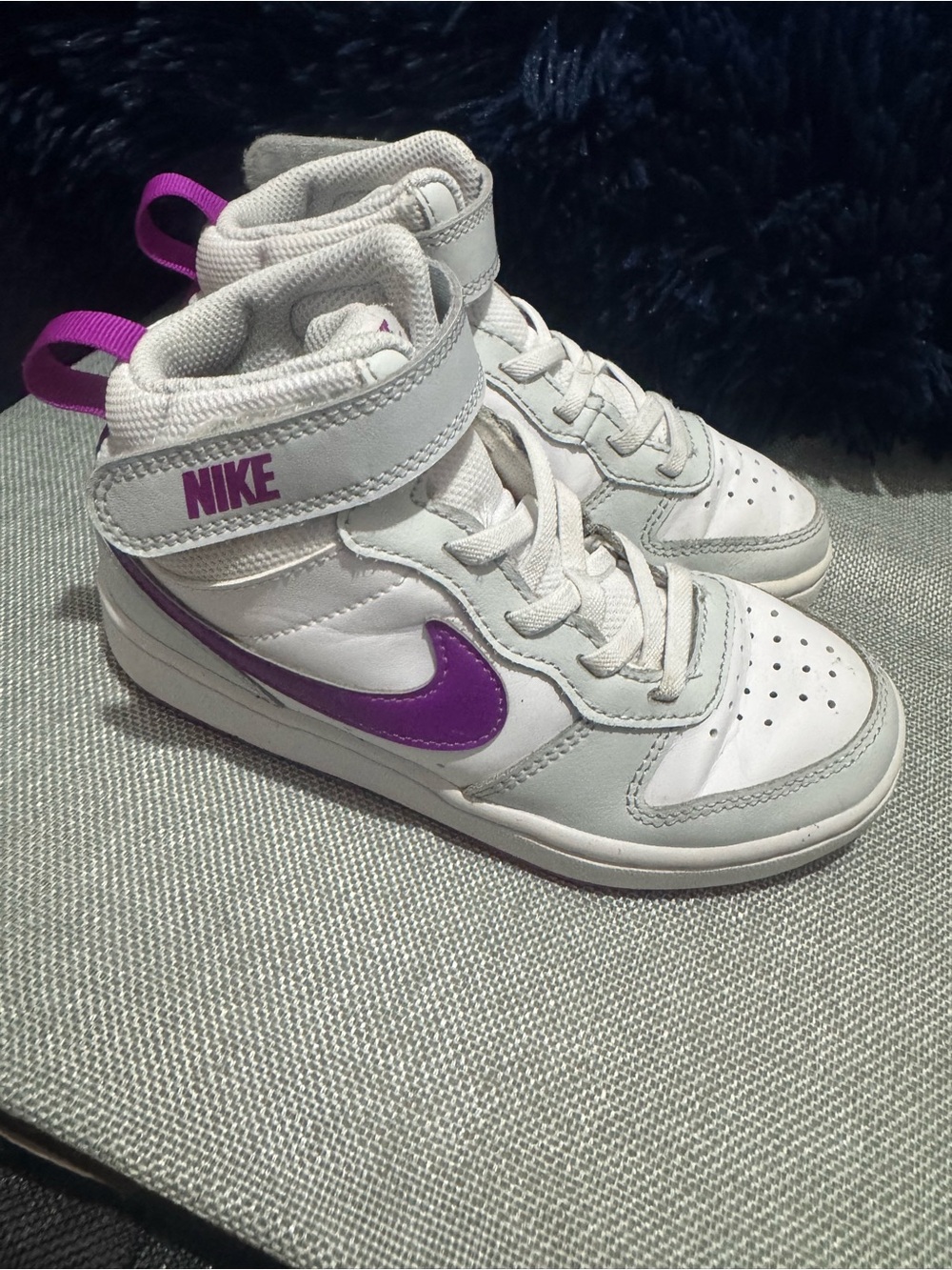 Nike Kids White and Purple High-Top Sneakers with Hook-and-Loop Strap 12C